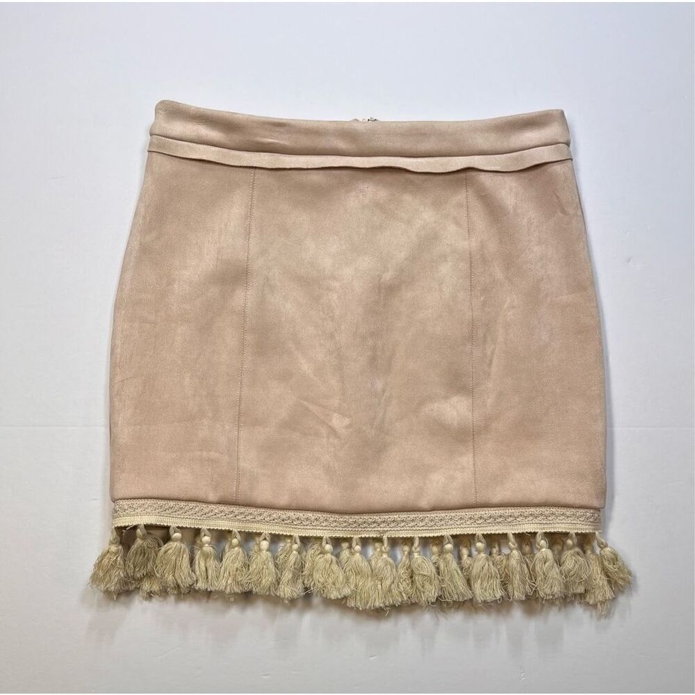 Showpo Dream Life Faux Suede Tassel Mini Skirt Beige Size AUS 12 USA Size 8